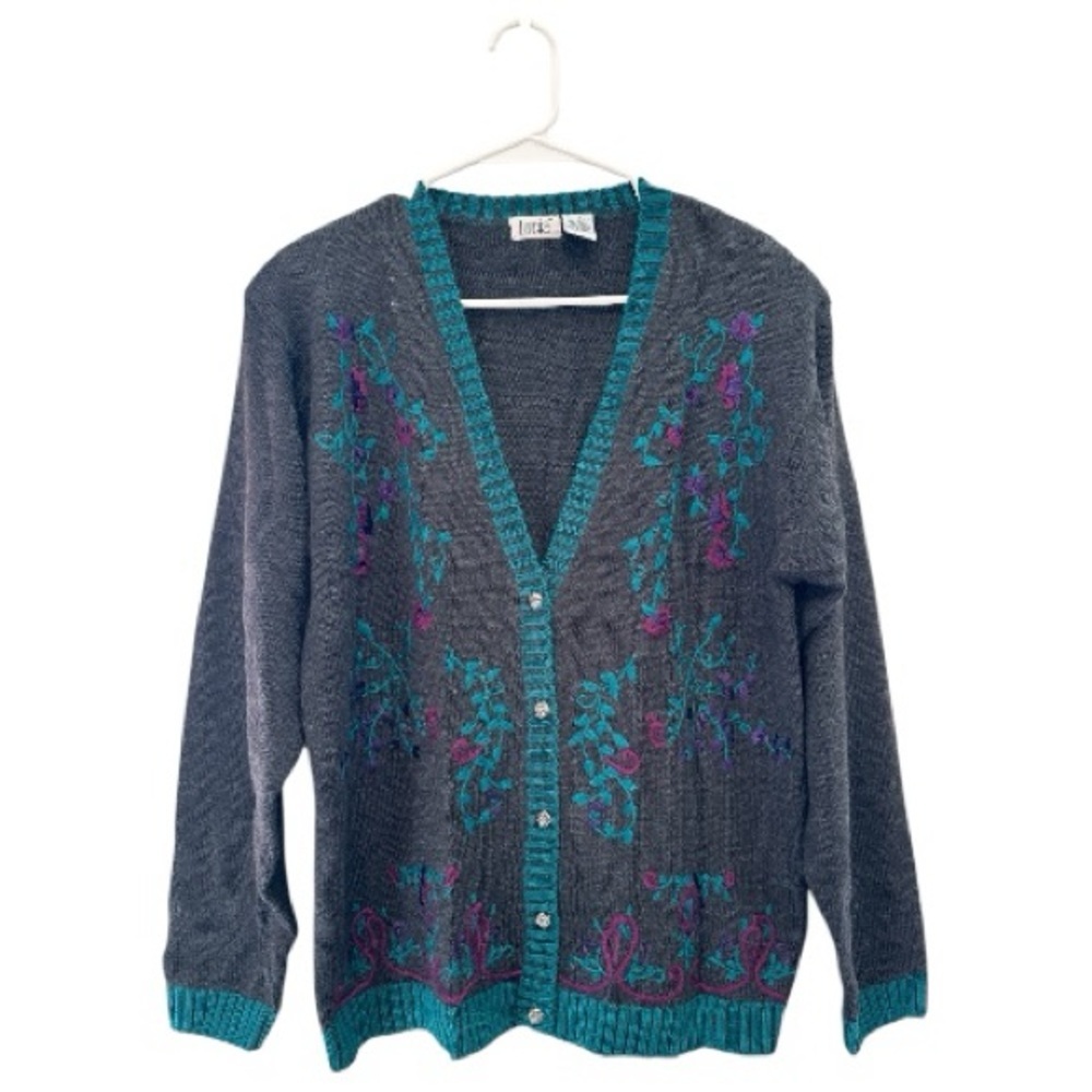 Vintage 80’s/90’s Lucia Gray & Teal Floral Embroidered Cardigan Size Medium